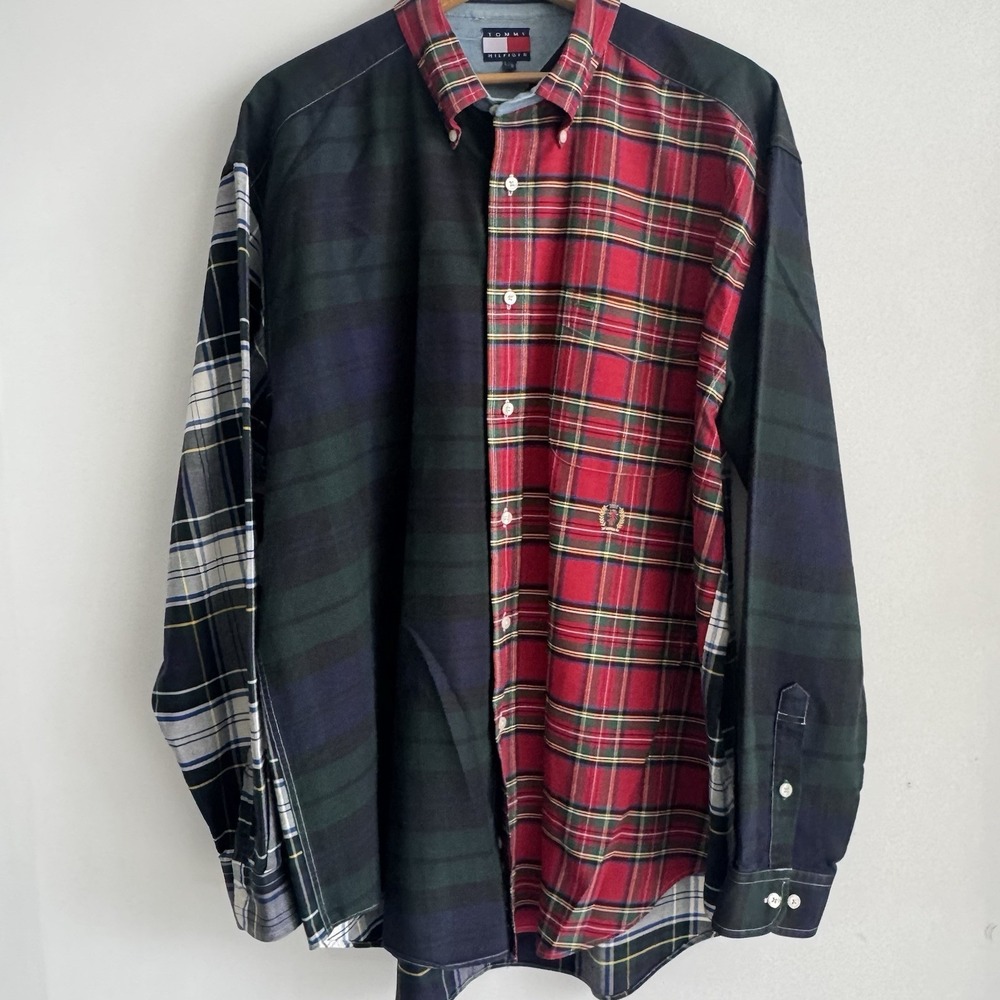 Tommy Hilfiger Mens Multi Color Patchwork Plaid Button Down Shirt Large L Cotton